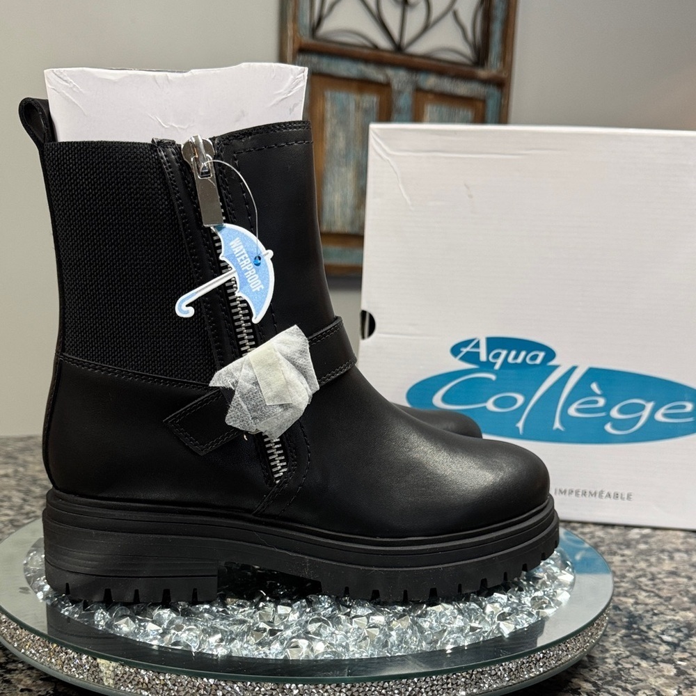 Aqua College Grano leather gore Black Combat Boots NWT 9